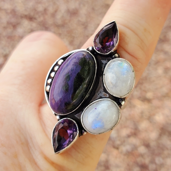 New Charoite, Rainbow Moonstone, and Amethyst 925 Silver Ring. - Picture 6 of 16